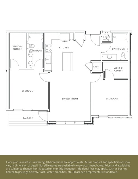 Floor plan for 2 beds, 2 baths, 1101 sqft